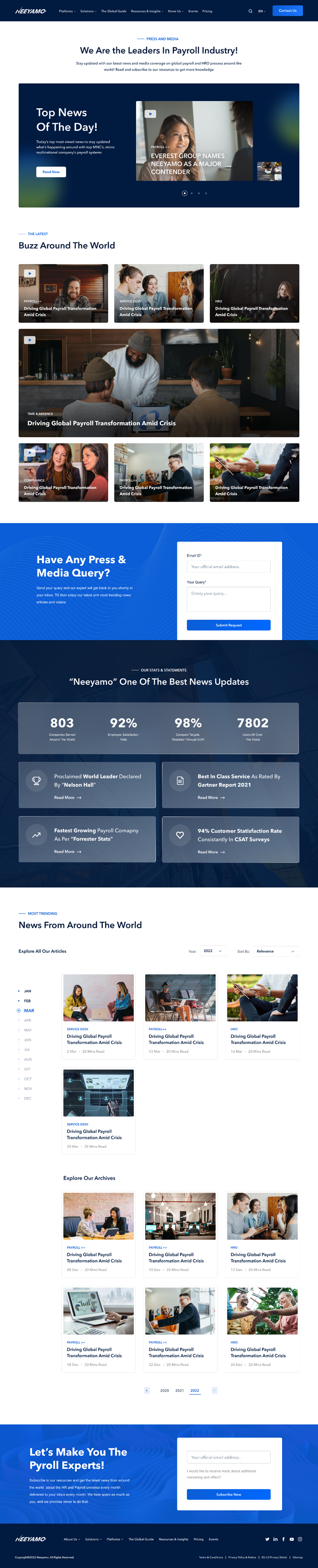 Press and Media landing page, full UI