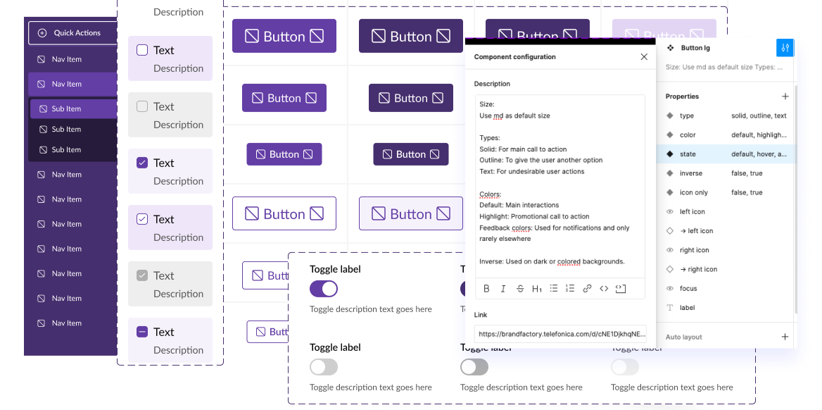 Component library, navigation, buttons, toggles and the component configuration panel