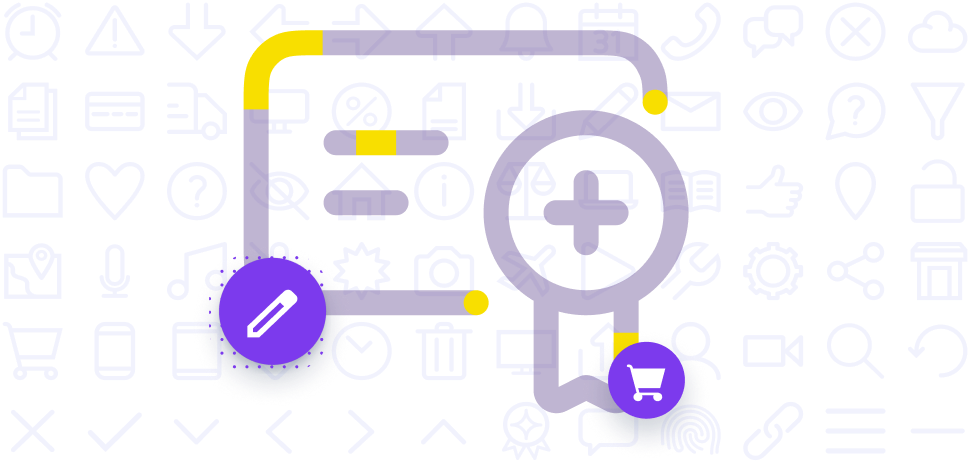 Refreshed icon library, receipt illustration on a grid of outline icons